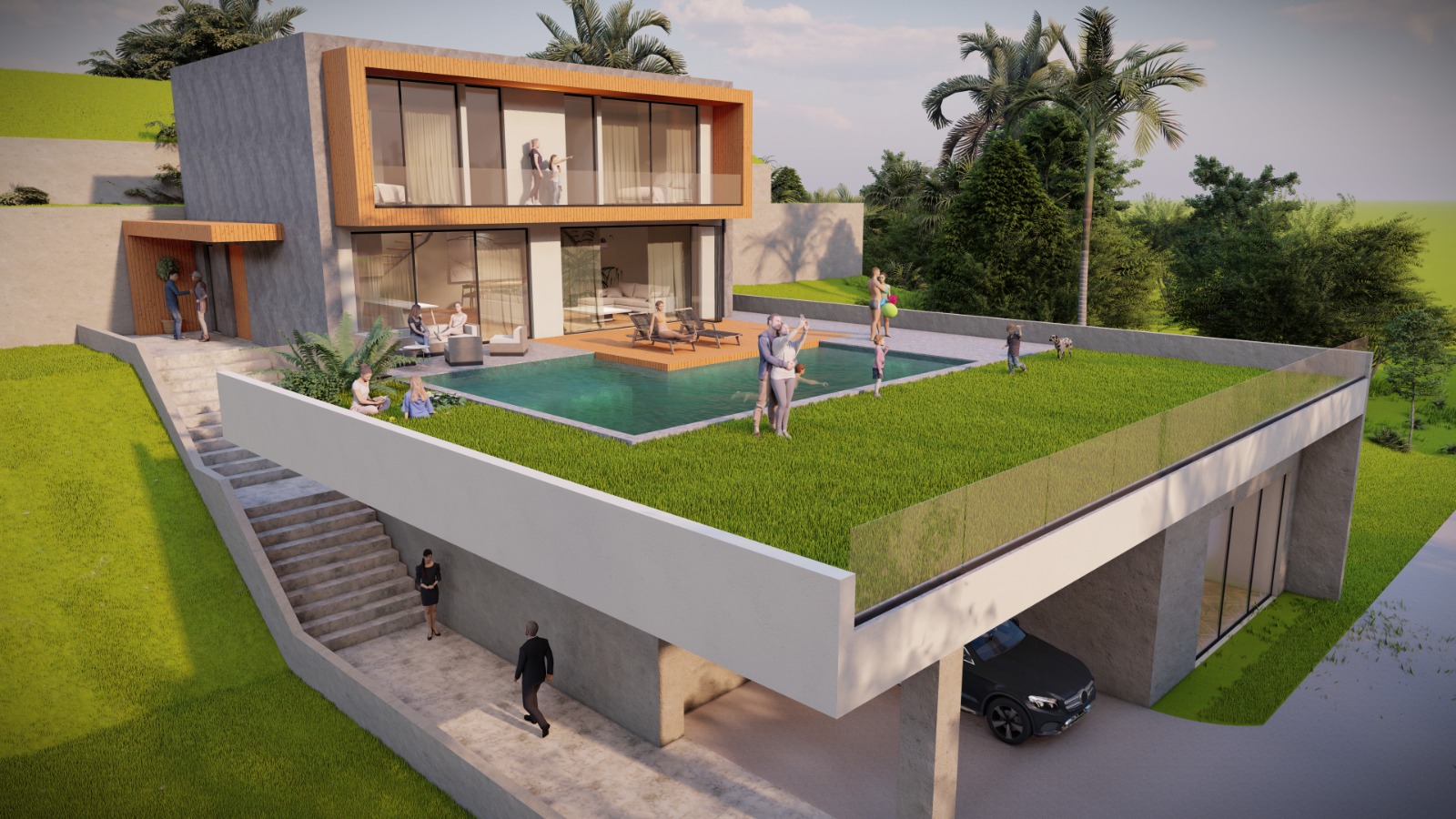 Yukarıdan villa ve özel havuz