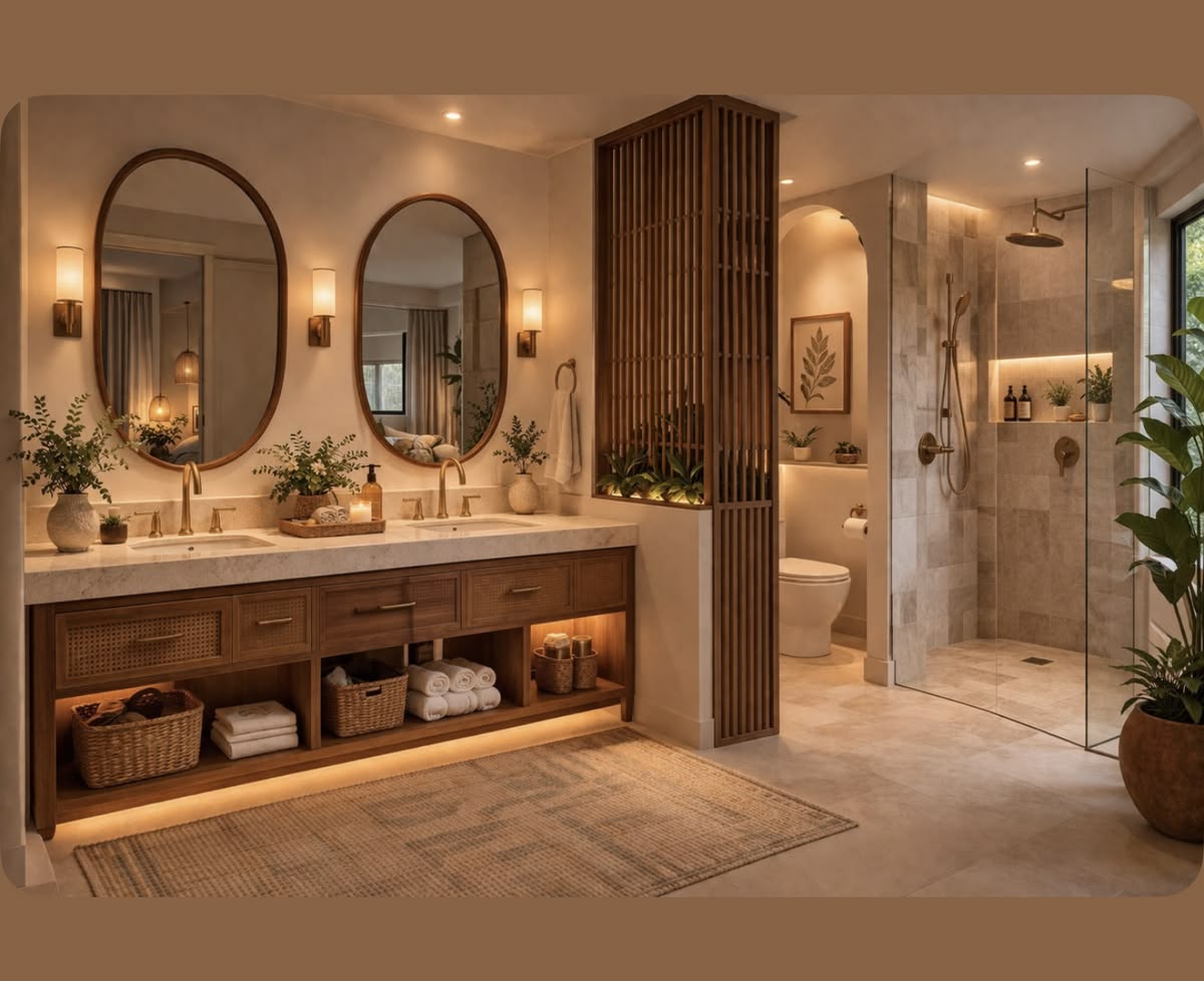 Double vanity and walk-in shower bathroom
